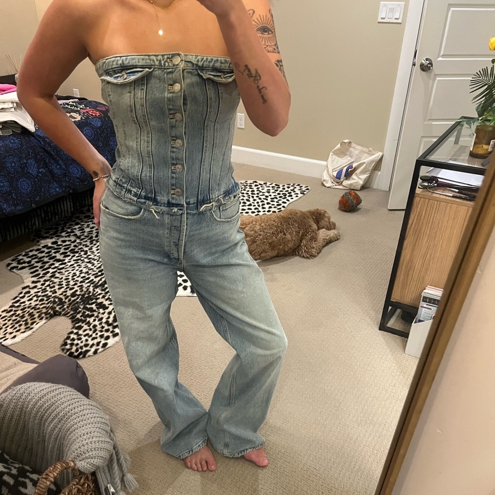Zara Blue Denim Strapless Jumpsuit
